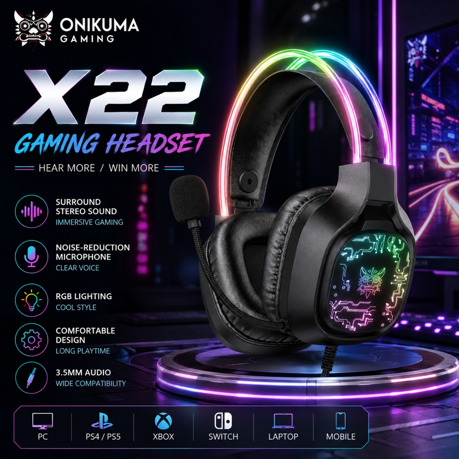 Gaming Headset With Mic Rgb - Słuchawki gamingowe ONIKUMA X22 z przewodem,
