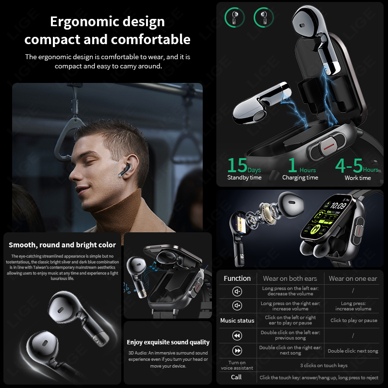 LIGE Nowy Smartwatch 2 w 1 TWS – Tws Earbuds Bluetooth 5.3 recenzja i cena